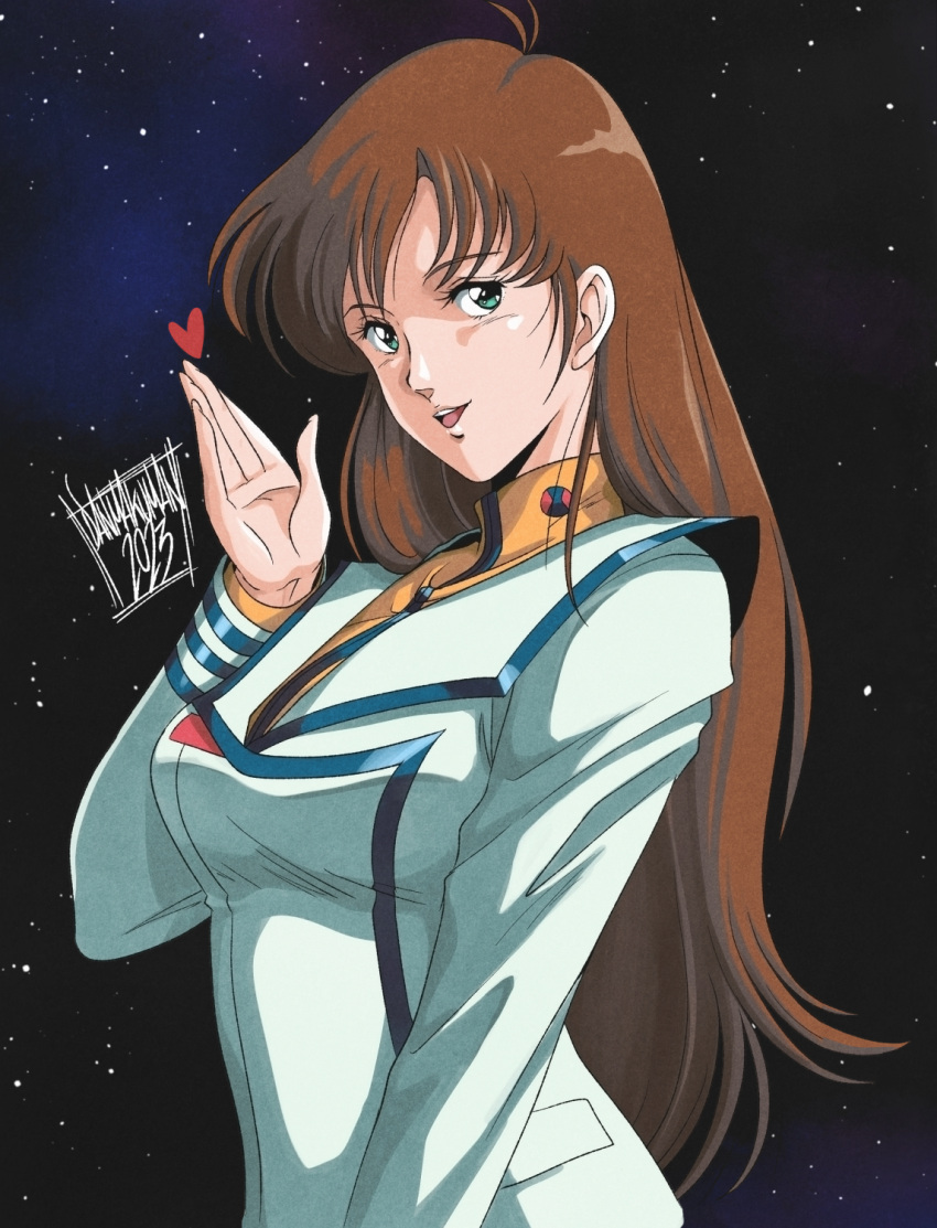 1980s_(style) 1girl 2023 blowing_kiss brown_hair danmakuman dated hayase_misa highres long_hair macross macross:_do_you_remember_love? military military_uniform radio retro_artstyle science_fiction signature space starry_background uniform
