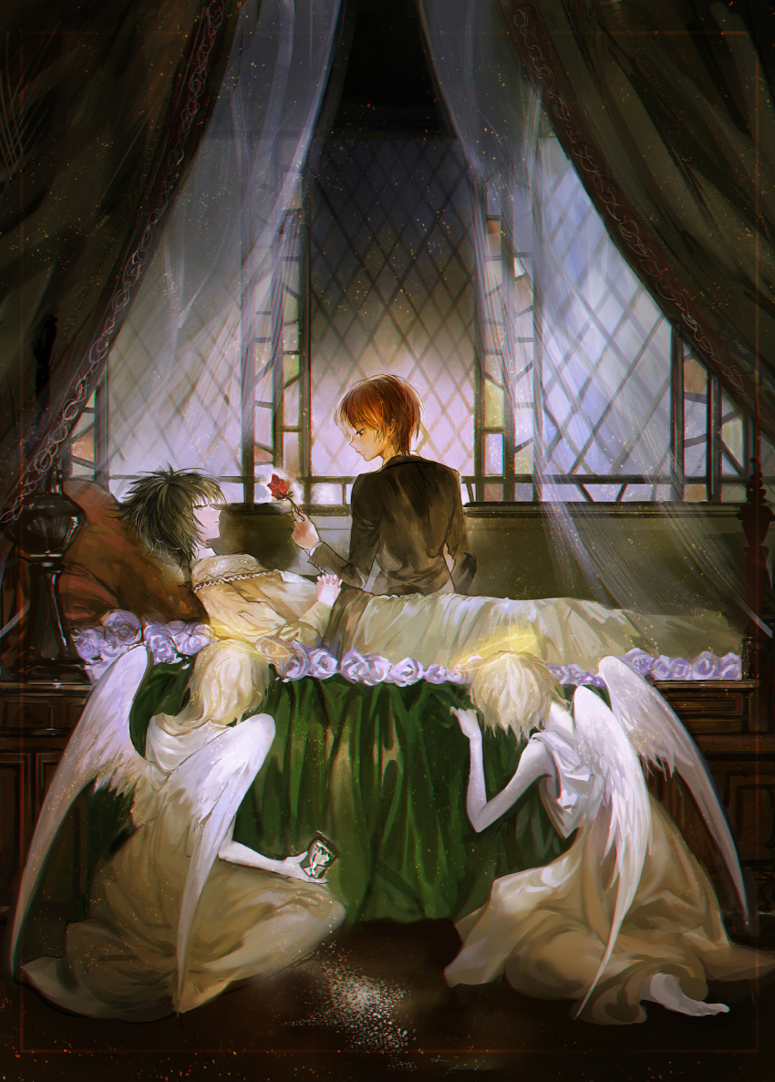 2boys 2others androgynous angel angel_wings bed black_hair brown_hair closed_eyes death_note flower halo highres holding holding_flower holding_hourglass hourglass l_(death_note) lying multiple_boys multiple_others on_back red_flower red_rose rose sand sei_(resonableworld) short_hair sleeping sleeping_beauty stained_glass white_wings wings yagami_light