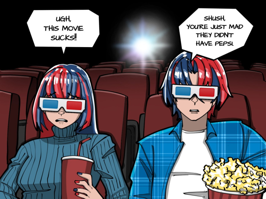 1boy 1girl 3d_glasses alear_(female)_(fire_emblem) alear_(fire_emblem) alear_(male)_(fire_emblem) alternate_costume bangs bendy_straw blue_hair blue_jacket blue_nails blue_sweater crossed_bangs cup disposable_cup drinking_straw dual_persona english_commentary english_text fingernails fire_emblem fire_emblem_engage food frown furrowed_brow hair_between_eyes hair_intakes holding holding_cup jacket long_hair mnejing30 movie_theater multicolored_hair multicolored_nails nail_polish open_clothes open_jacket open_mouth plaid plaid_jacket popcorn red_nails redhead ribbed_sweater shirt short_hair speech_bubble split-color_hair streaked_hair sweater teeth theater_seating turtleneck turtleneck_sweater two-tone_hair upper_teeth_only white_shirt