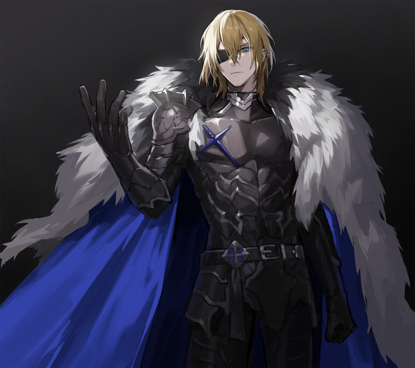 1boy aqua_eyes armor black_background blonde_hair blue_cape cape clenched_hand closed_mouth dimitri_alexandre_blaiddyd eyepatch fire_emblem fire_emblem:_three_houses fur-trimmed_cape fur_trim hair_between_eyes highres looking_at_viewer male_focus shoulder_armor simple_background solo usuke_(u_skeeep)