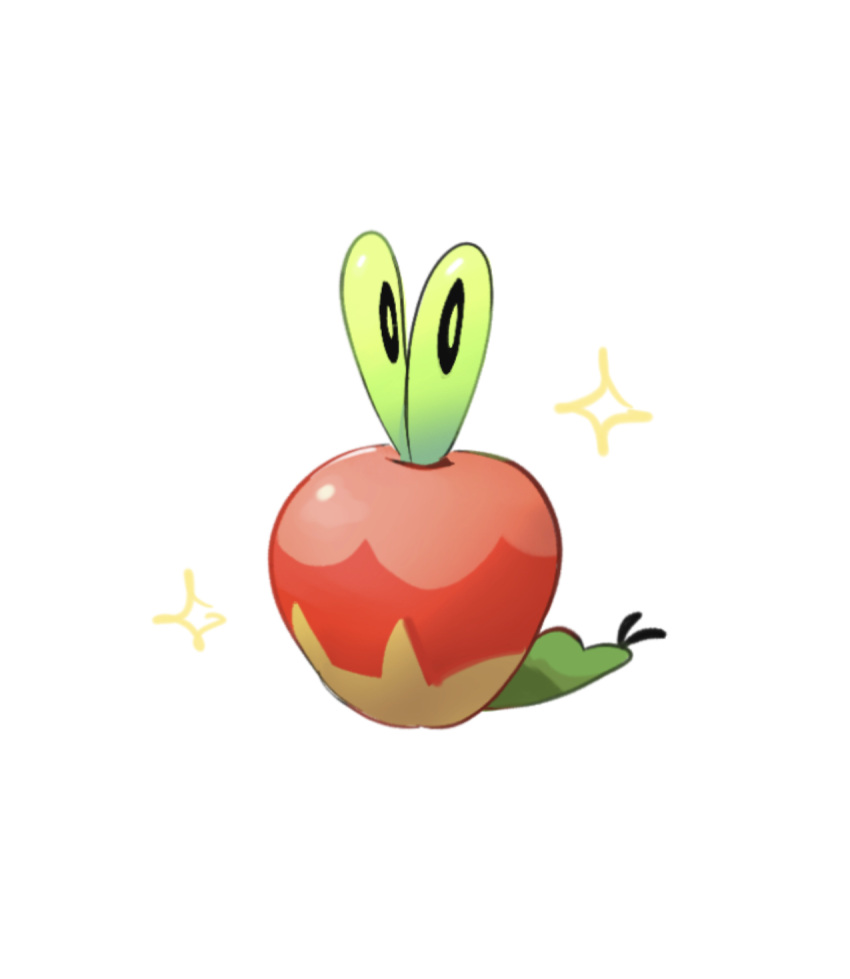 apple applin black_eyes commentary food fruit full_body green_pupils highres no_humans pokemon pokemon_(creature) simple_background solo sparkle surr_ealist white_background