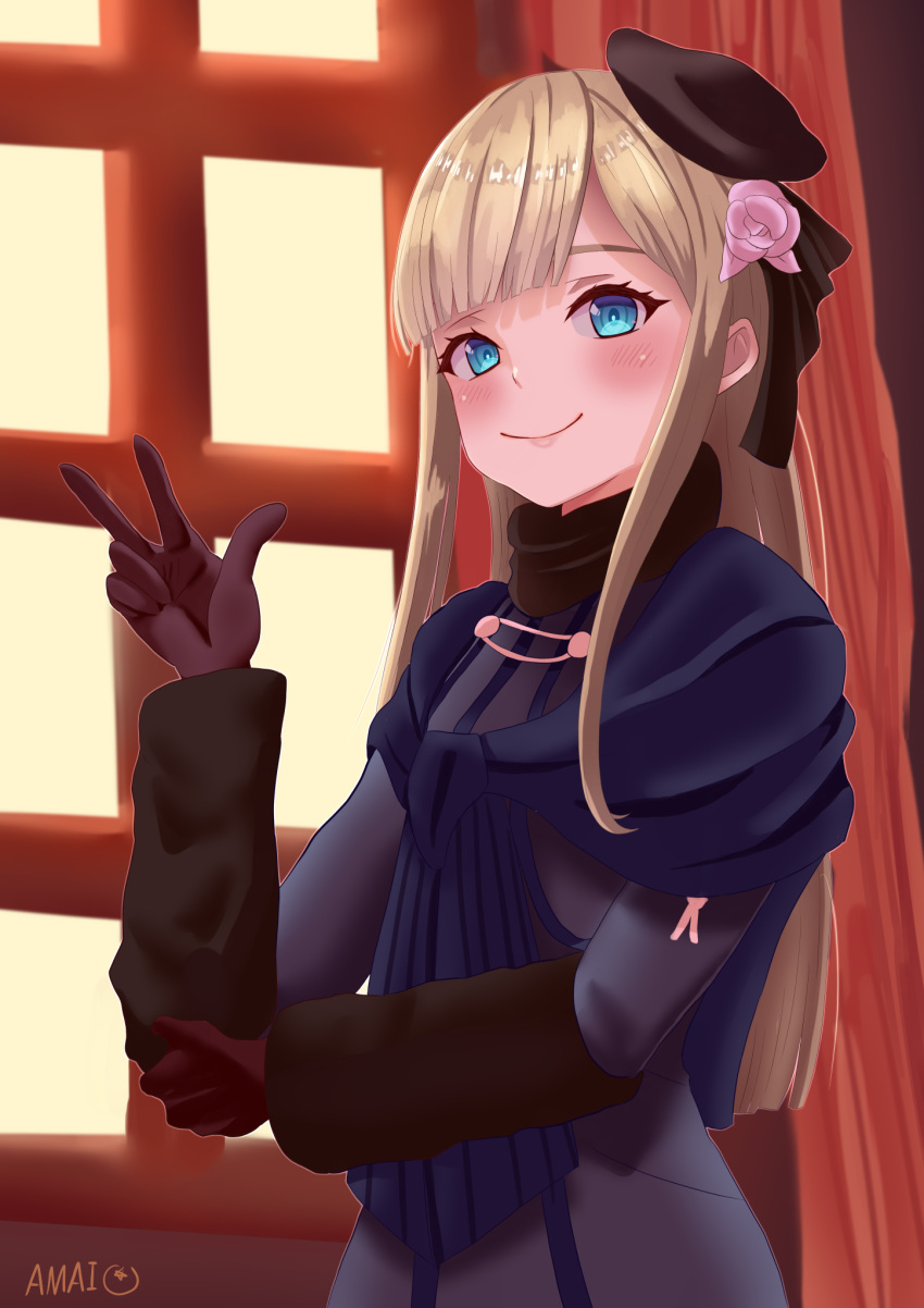 1girl amai_to_mato artist_name bangs black_headwear blonde_hair blue_capelet blue_eyes blunt_bangs blush breasts brown_gloves capelet commentary_request curtains fate_(series) flower gloves hair_ornament hand_up hat highres jacket long_hair long_sleeves looking_at_viewer lord_el-melloi_ii_case_files reines_el-melloi_archisorte smile solo window