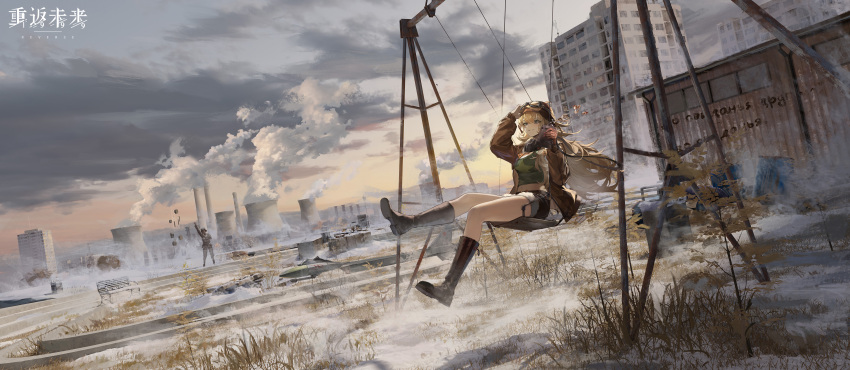 1boy 1girl abandoned absurdres ata-zhubo blonde_hair blue_eyes boots brown_footwear brown_jacket building clouds evening flask goggles goggles_on_head green_shirt highres holding holding_flask jacket knee_boots long_hair nuclear_powerplant original outdoors scenery shirt short_shorts shorts sky soldier solo_focus spill star_(symbol) star_print swing swing_set