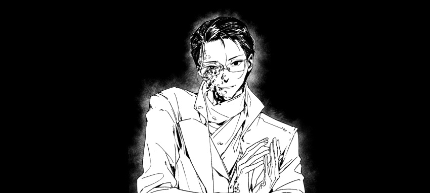 0000-111-0100-0 1boy aura bangs black_background chinese_commentary commentary_request dark empty_eyes glasses highres jacket klein_moretti looking_at_viewer lord_of_the_mysteries monochrome mutation nail own_hands_together parted_lips scarf short_hair simple_background smile solo