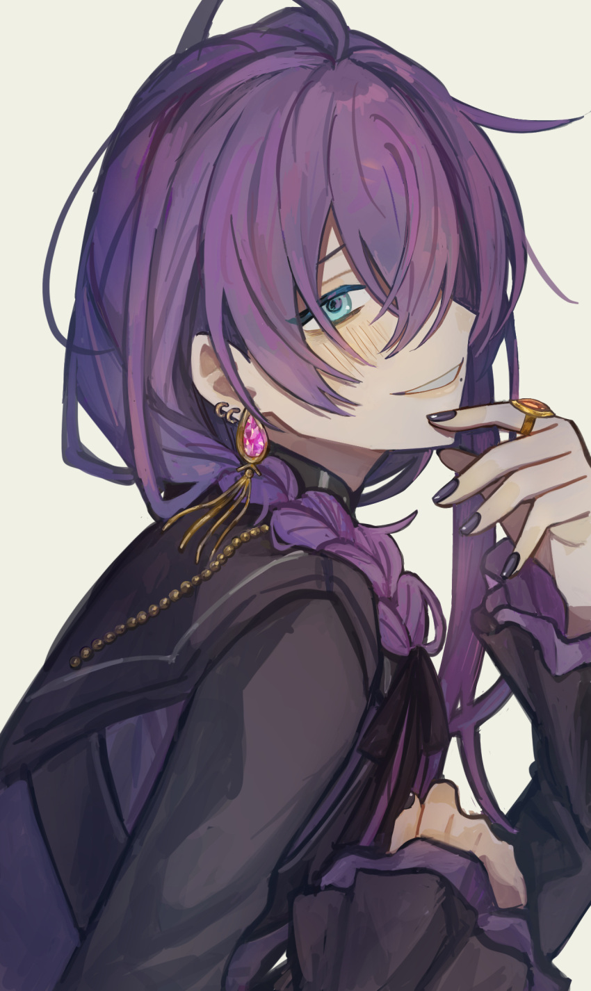 1boy ahoge androgynous ayase_mayoi bishounen black_nails black_shirt blue_eyes blush braid earrings ensemble_stars! highres jewelry long_hair long_sleeves looking_at_viewer looking_back male_focus mmm_29 mole mole_under_mouth multiple_earrings purple_hair ring sharp_teeth shirt solo teeth white_background