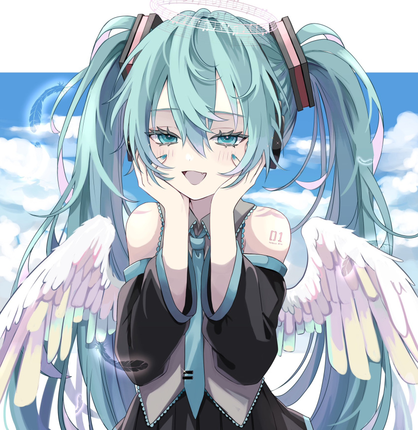 1girl 39 :d angel_wings aqua_eyes aqua_hair aqua_nails aqua_necktie bangs black_skirt blue_sky clouds commentary detached_sleeves fang halo hands_on_own_face hatsune_miku highres looking_at_viewer miku_day musical_note naguno-0713 necktie number_tattoo open_mouth outdoors skin_fang skirt sky smile solo tattoo twintails upper_body vocaloid white_wings wings