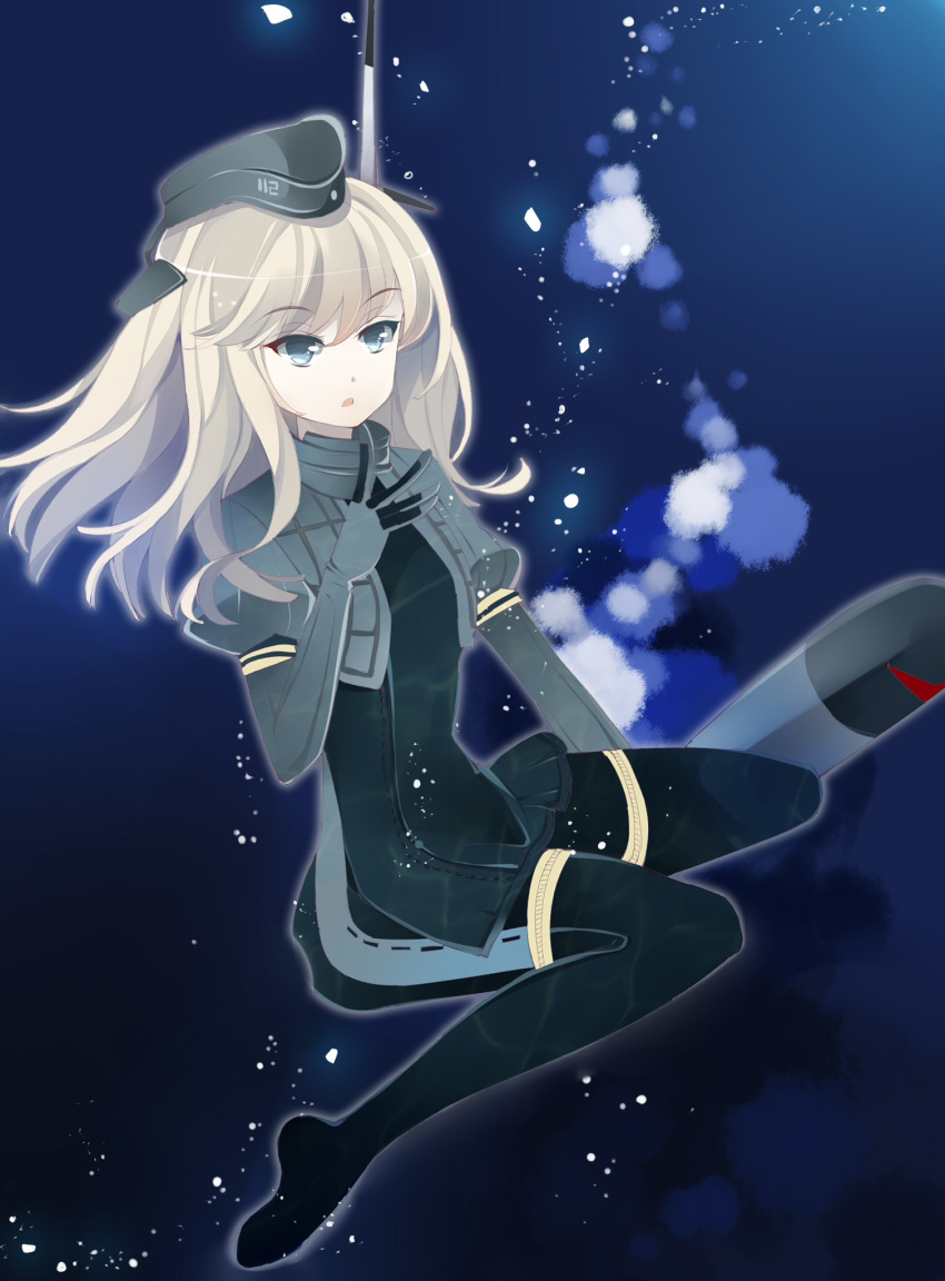 1girl blonde_hair full_body hat highres kantai_collection military military_hat military_uniform non-web_source solo submarine underwater uniform water watercraft