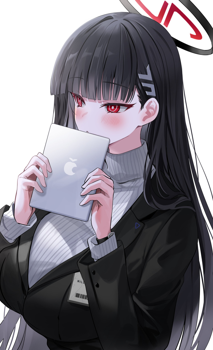 1girl absurdres bangs black_hair black_suit blue_archive blunt_bangs blush bright_pupils formal hair_ornament hairclip halo highres holding holding_tablet_pc id_card long_hair long_sleeves red_eyes rio_(blue_archive) simple_background solo suit sweater tablet_pc turtleneck turtleneck_sweater watch watch white_background white_sweater yuki_(asayuki101)