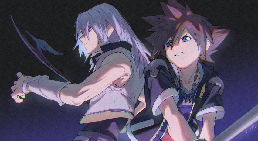 2boys aqua_eyes back-to-back bare_shoulders blue_eyes brown_hair chain_necklace clenched_teeth fighting_stance gradient_background grey_hair grey_vest hair_between_eyes highres holding holding_weapon jewelry keyblade kingdom_hearts kingdom_hearts_ii long_hair looking_to_the_side male_focus multiple_boys nanpou_(nanpou0021) necklace parted_lips riku_(kingdom_hearts) short_hair short_sleeves sora_(kingdom_hearts) spiky_hair teeth toned toned_male vest weapon