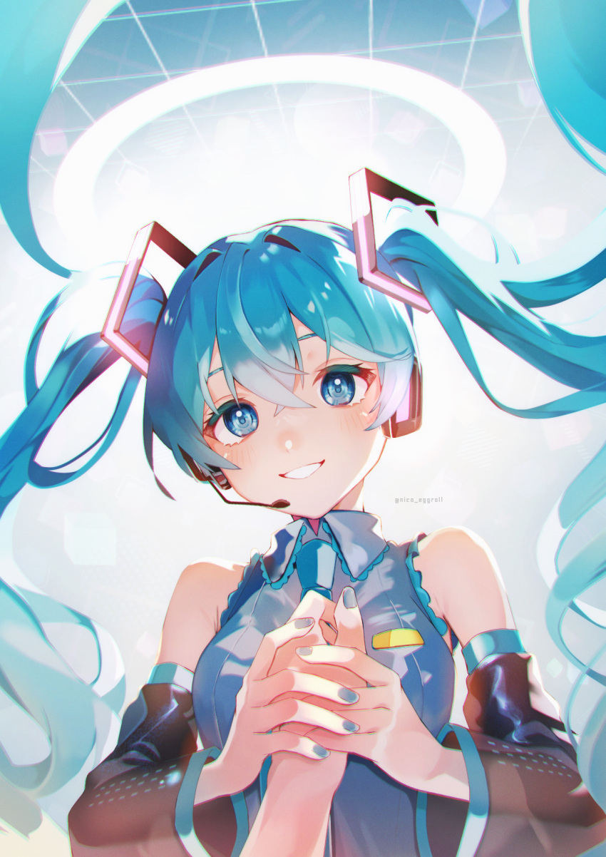 1girl 1other armpit_crease backlighting bare_shoulders black_sleeves blue_eyes blue_hair blue_nails blue_necktie blush breasts chromatic_aberration collared_shirt commentary cube detached_sleeves eyelashes fingernails floating_hair grey_shirt hair_between_eyes halo hatsune_miku headset highres holding_hands light_blush long_hair looking_at_viewer master_(vocaloid) medium_breasts necktie nico_eggroll nose_blush out_of_frame pov pov_hands shirt sidelocks sleeveless sleeveless_shirt smile teeth twintails twitter_username very_long_hair vocaloid wide_sleeves