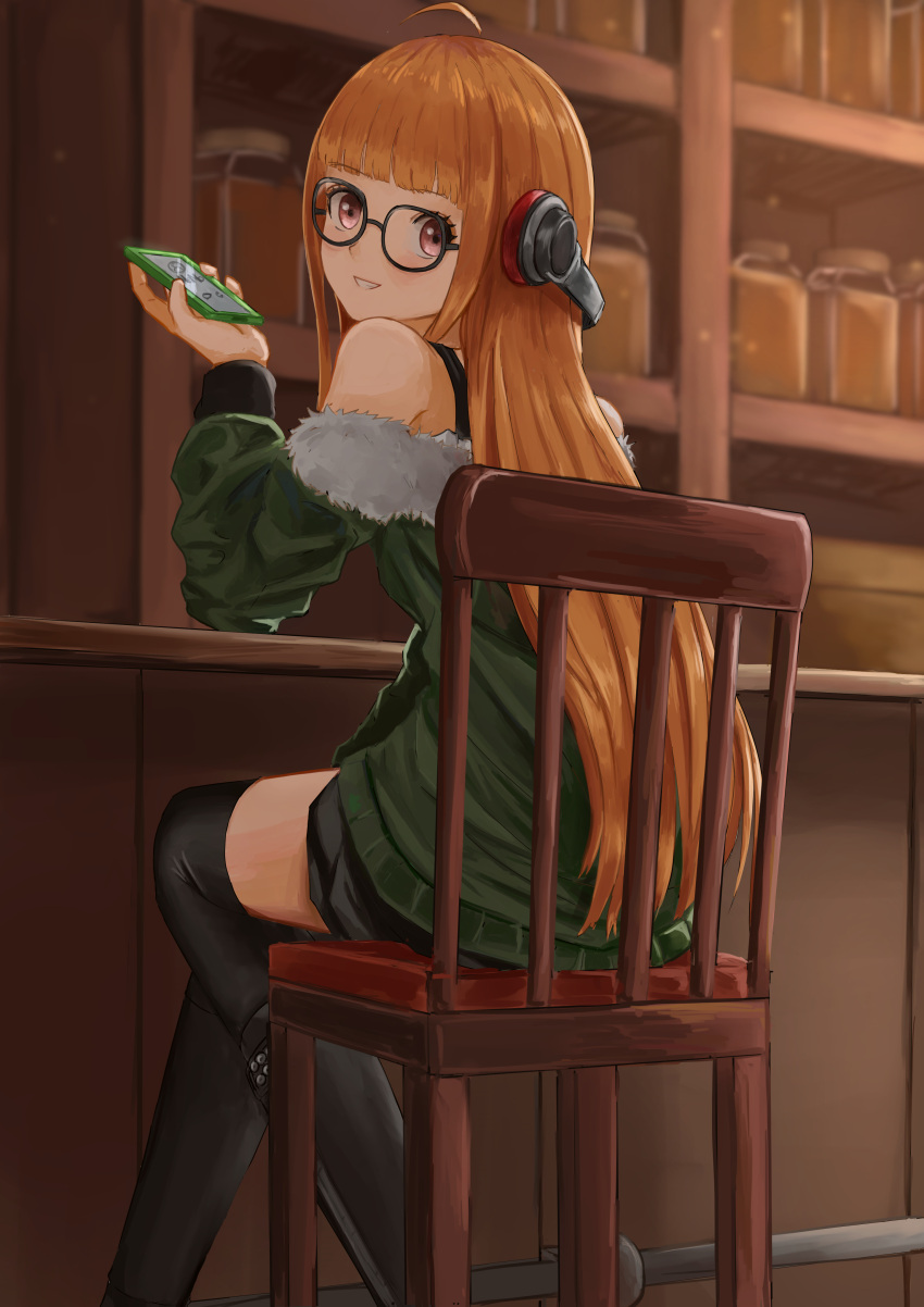 1girl absurdres ahoge bangs bare_shoulders behind-the-head_headphones black_shorts black_thighhighs blunt_bangs cafe cellphone chair counter elbow_rest feet_out_of_frame from_behind fur-trimmed_jacket fur_trim glasses green_jacket grin headphones highres holding holding_phone jacket long_hair looking_at_viewer looking_back nemo_ringo off_shoulder orange_hair persona persona_5 phone sakura_futaba short_shorts shorts sitting smartphone smile solo straight_hair teeth thigh-highs thighs violet_eyes