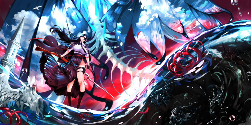 blue_sky bug butterfly gun highres horizon landscape long_hair ocean original red_eyes red_sky scenery skirt sky statue thighs water weapon