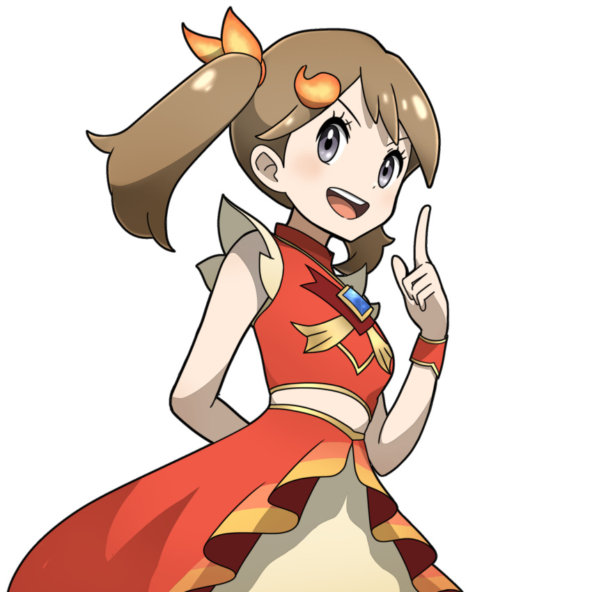 1girl arms_behind_back brown_hair dress highres may_(pokemon) may_(sygna_suit)_(pokemon) midriff official_alternate_costume open_mouth pointing pokemon pokemon_(game) pokemon_masters_ex red_dress red_wristband ror_(meisakutaro) sleeveless sleeveless_dress smile teeth twintails upper_teeth_only v-shaped_eyebrows white_background
