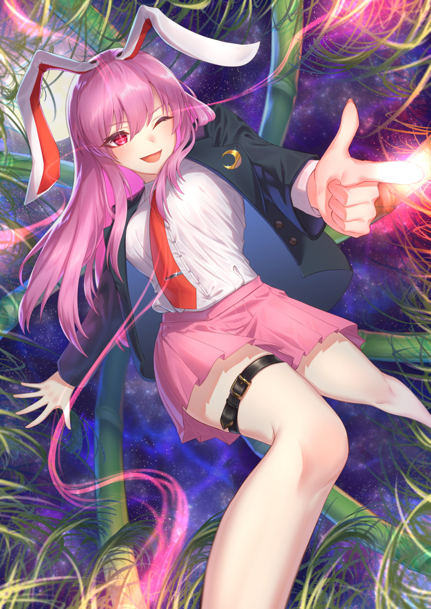 1girl ;d absurdres animal_ears bad_perspective bamboo bangs breasts crescent diffraction_spikes feet_out_of_frame finger_gun foreshortening full_moon glint hair_between_eyes highres large_breasts long_hair matcha_lemon moon necktie night night_sky one_eye_closed outdoors perspective purple_hair rabbit_ears red_eyes reisen_udongein_inaba sky smile solo star_(sky) starry_sky thigh_strap touhou twisted_torso
