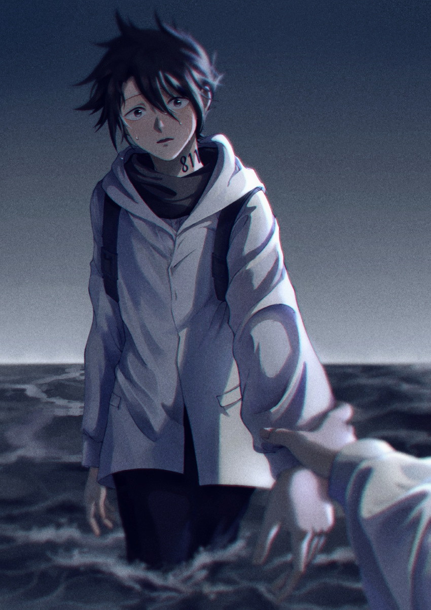 1boy bamehus bangs black_hair black_pants blurry body_writing coat commentary_request depth_of_field emma_(yakusoku_no_neverland) hair_between_eyes highres holding_another's_wrist hood hood_down hooded_coat horizon jacket long_sleeves looking_at_viewer male_focus neck_tattoo ocean outdoors outstretched_arm pants pov pov_hands ray_(yakusoku_no_neverland) short_hair sky solo_focus tattoo twilight wading water wet wet_hair white_coat yakusoku_no_neverland