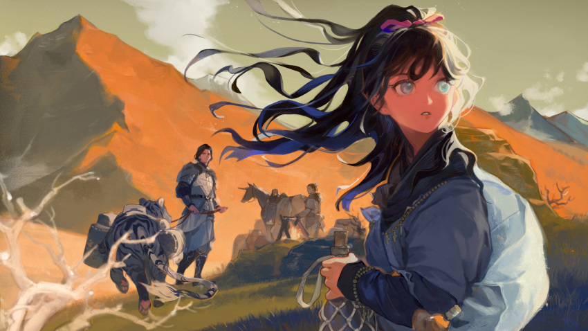 1girl 2boys armor backpack bag bare_tree bead_bracelet bead_necklace beads blue_eyes blue_hair boulder bracelet bun_cover campfire camping character_request chinese_clothes day field firewood floating_hair grass hair_bun hanfu highres holding holding_leash jewelry juuni_kokuki leash long_sleeves looking_back mountain mountainous_horizon multicolored_hair multiple_boys nanjou_(sumeragimishiro) necklace pants puffy_long_sleeves puffy_sleeves sash shushou_(juuni_kokuki) single_hair_bun sky solo_focus standing streaked_hair tiger tree two-tone_hair unicorn upper_body waterskin white_tiger wind