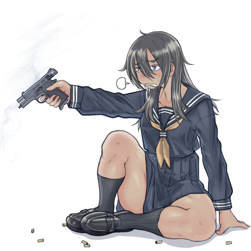 1girl bangs black_footwear black_hair black_sailor_collar black_serafuku black_shirt black_skirt black_socks brown_neckerchief cb_(c-board) full_body gun hair_between_eyes handgun highres holding holding_gun holding_weapon loafers long_hair long_sleeves neckerchief original parted_lips pleated_skirt ribbed_legwear sailor_collar school_uniform serafuku shadow shell_casing shirt shoes simple_background sitting skirt smoke smoking_gun socks solo sweat thick_eyebrows violet_eyes wavy_mouth weapon weapon_request white_background