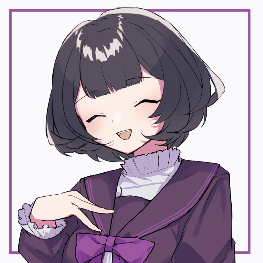 1girl black_hair border closed_eyes facing_viewer hand_on_own_chest head_tilt highres long_sleeves mamiya_ritsu open_mouth oshima_hanto paradigm_paradox purple_border purple_serafuku school_uniform serafuku short_hair smile solo white_background