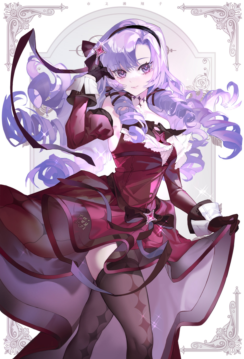 1girl absurdres argyle_thighhighs bangs bare_shoulders black_bow black_gloves black_hairband black_thighhighs bow cowboy_shot dress drill_hair feet_out_of_frame gloves hair_between_eyes hair_bow hairband hand_in_own_hair high-low_skirt highres hyakumantenbara_salome juliet_sleeves long_hair long_sleeves looking_at_viewer medium_hair nijisanji pale_skin parted_bangs puffy_sleeves purple_hair red_dress ringlets solo sparkle thigh-highs violet_eyes virtual_youtuber xiangzizg