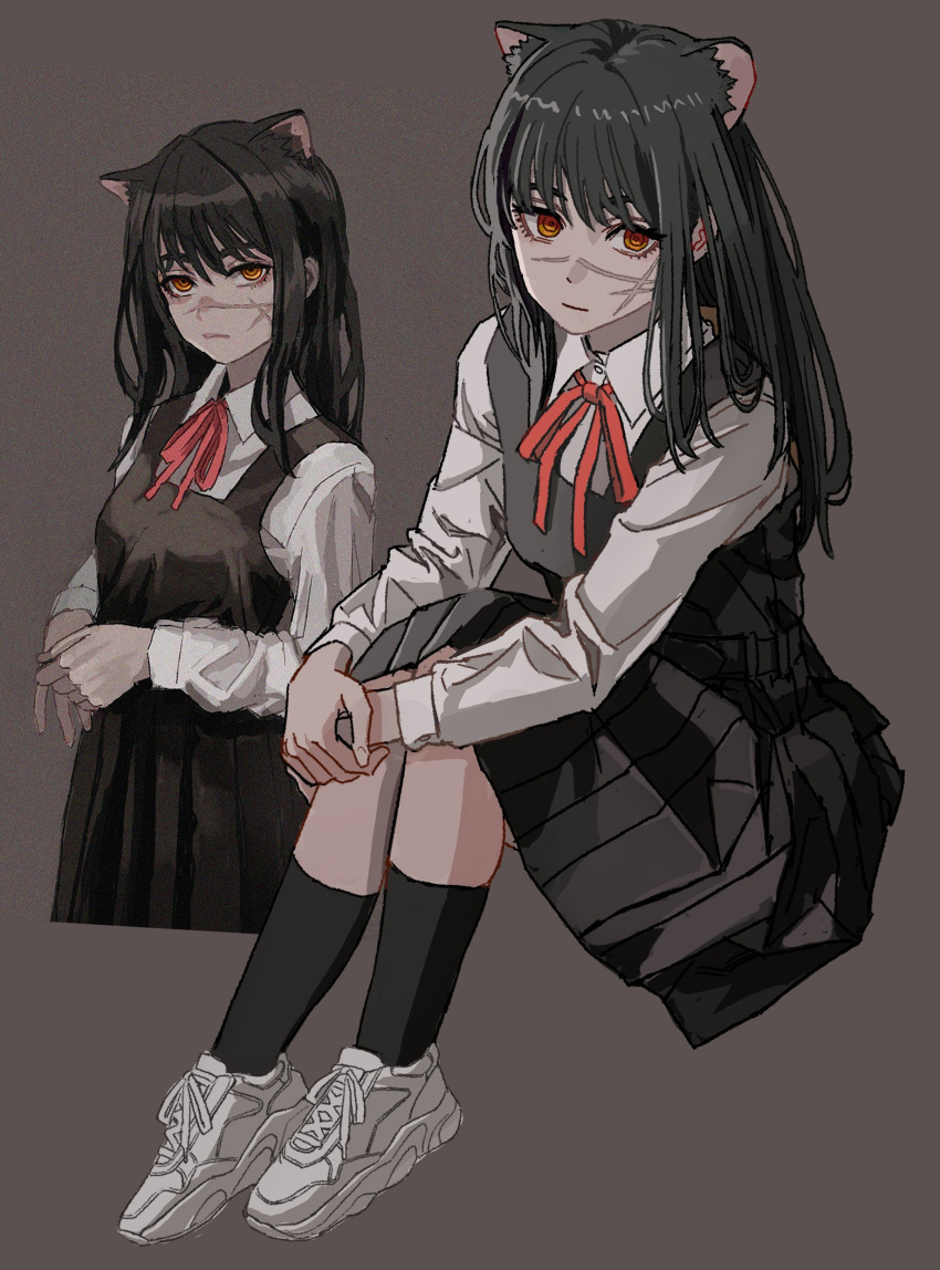 1girl absurdres animal_ears bangs black_hair black_socks cat_ears chainsaw_man cross_scar dress fourth_east_high_school_uniform grey_background highres long_hair looking_at_viewer neck_ribbon pinafore_dress red_ribbon ribbon ringed_eyes scar scar_on_cheek scar_on_face school_uniform shiren_(ourboy83) simple_background sitting socks solo yellow_eyes yoru_(chainsaw_man)