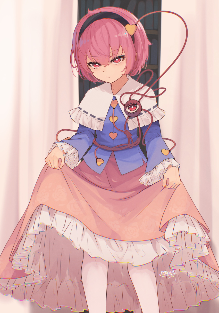 1girl absurdres bangs black_hairband blue_shirt buttons capelet closed_mouth commentary_request feet_out_of_frame frilled_capelet frilled_skirt frilled_sleeves frills hairband heart heart_button highres komeiji_satori long_sleeves looking_at_viewer pantyhose pink_eyes pink_hair pink_skirt senzaicha_kasukadoki shirt short_hair signature skirt skirt_hold solo split_mouth third_eye touhou white_capelet white_pantyhose