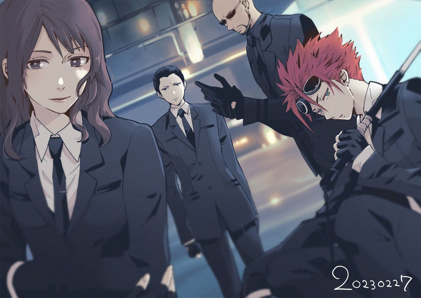 1girl 3boys adjusting_clothes adjusting_gloves bald bangs baton_(weapon) bindi black_gloves black_hair black_jacket black_necktie black_pants black_shirt black_suit blurry blurry_background blurry_foreground brown_hair cissnei collared_shirt crisis_core_final_fantasy_vii crossed_arms dated earrings feet_out_of_frame final_fantasy final_fantasy_vii fingerless_gloves formal gloves goggles goggles_on_head hair_between_eyes hair_pulled_back jacket jewelry long_hair low_ponytail multiple_boys necktie o_yaszzzzz over_shoulder pants redhead reno_(ff7) rude_(ff7) shirt short_hair single_earring suit suit_jacket tseng wavy_hair weapon weapon_over_shoulder white_shirt