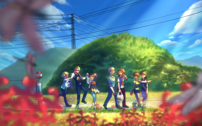 3girls 4boys amagi_yukiko bag black_shirt blonde_hair blurry blurry_foreground brown_hair bug bus_stop denim dragonfly flower green_tank_top grocery_bag hairband hanamura_yousuke headphones headphones_around_neck holding holding_bag jeans jewelry kujikawa_rise kuma_(persona_4) laughing long_hair long_sleeves multiple_boys multiple_girls narukami_yuu necklace open_mouth pants persona persona_4 pointing red_flower red_hairband satonaka_chie shirt shopping_bag shorts skirt spider_lily takuko tank_top tatsumi_kanji twintails utility_pole walking white_shirt white_skirt wristband