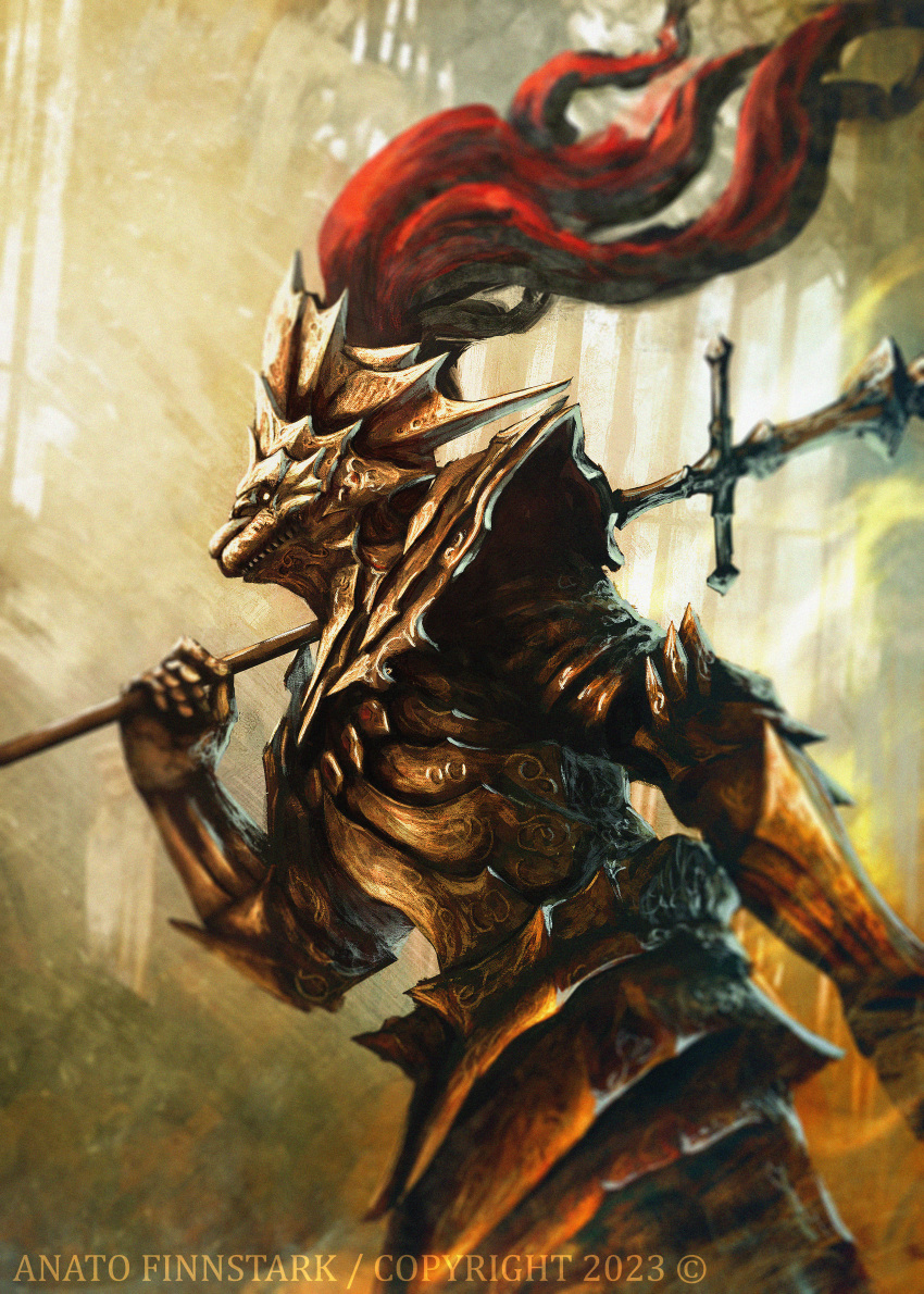 1boy absurdres anato_finnstark armor artist_name breastplate commentary copyright dark_souls_(series) dark_souls_i dragon_slayer_ornstein english_commentary full_armor gauntlets gold_armor helm helmet highres holding holding_polearm holding_weapon knight over_shoulder pauldrons plume polearm shoulder_armor solo spear standing weapon weapon_over_shoulder