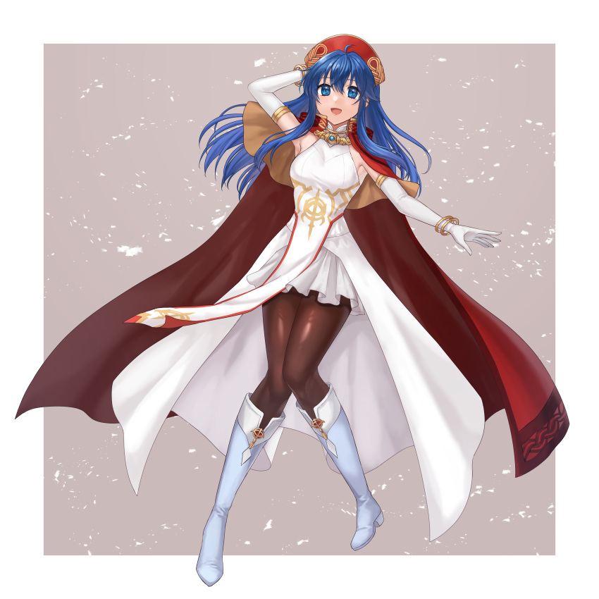 :d absurdres arm_behind_head arm_up bangs bare_shoulders black_pantyhose blue_eyes blue_hair boots bracelet cape commentary_request dress elbow_gloves fire_emblem fire_emblem:_the_binding_blade fire_emblem_heroes full_body gloves hat hazuki_(nyorosuke) highres jewelry knee_boots lilina_(fire_emblem) lilina_(firelight_leader)_(fire_emblem) long_hair official_alternate_costume open_mouth pantyhose partial_commentary pelvic_curtain red_cape red_headwear simple_background skirt smile white_dress white_footwear white_gloves white_skirt