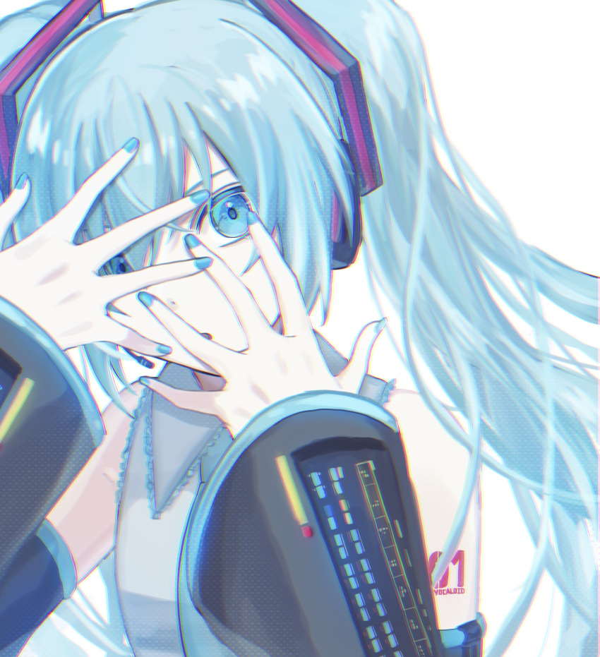1girl 39 aqua_eyes aqua_hair aqua_nails aqua_necktie bare_shoulders commentary covering_face detached_sleeves grey_shirt hatsune_miku highres iruzu_(pixiv27236115) long_sleeves looking_at_viewer miku_day nail_polish necktie number_tattoo portrait shirt simple_background solo tattoo vocaloid white_background
