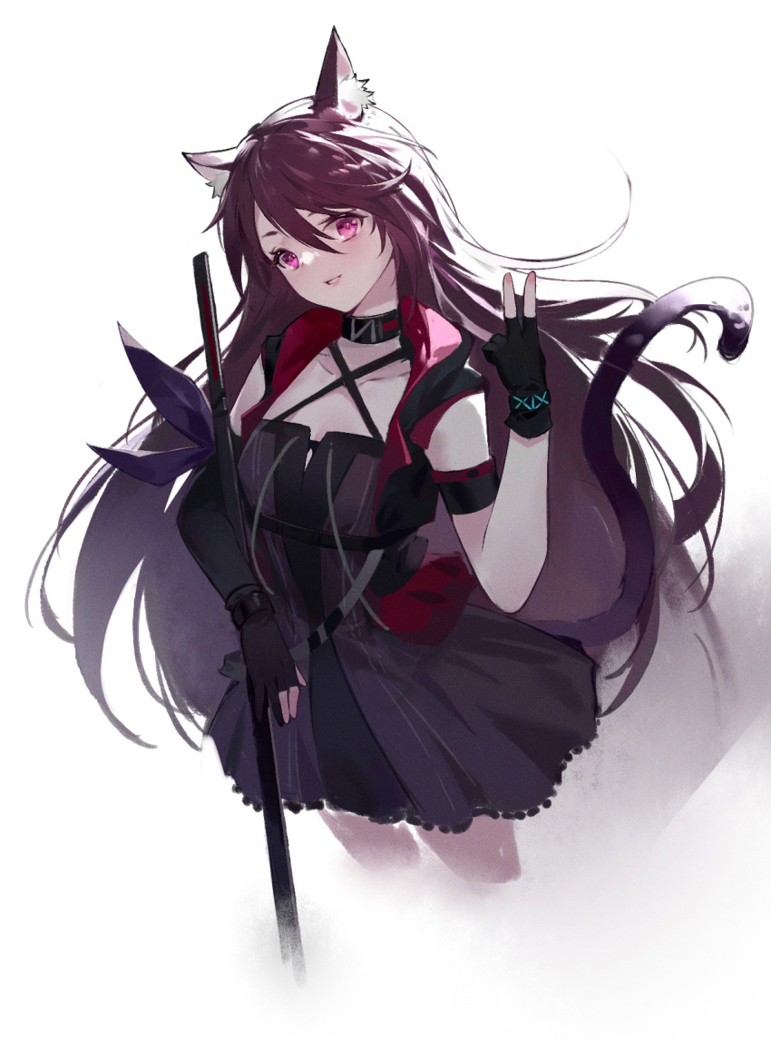 1girl animal_ear_fluff animal_ears arknights armband black_choker black_dress black_gloves black_jacket blush breasts cat_ears cat_girl cat_tail chinese_commentary choker commentary cowboy_shot criss-cross_halter cropped_jacket cropped_legs dress fingerless_gloves gloves hair_between_eyes halterneck highres infection_monitor_(arknights) jacket long_hair looking_at_viewer melantha_(arknights) multicolored_clothes multicolored_jacket parted_lips purple_hair red_jacket simple_background sleeveless sleeveless_jacket small_breasts smile solo standing tail two-tone_jacket v violet_eyes white_background woodylixx
