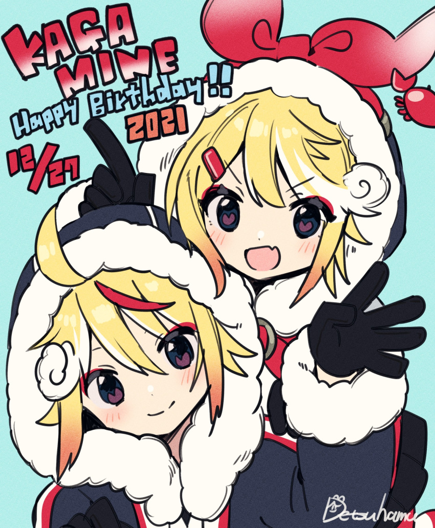 1boy 1girl black_coat black_gloves blonde_hair blue_eyes blush bow character_name coat colored_tips commentary crab dated fang fur-trimmed_coat fur-trimmed_hood fur_trim gloves hair_bow hair_ornament hairclip hamudetsu hand_up happy_birthday heart heart-shaped_pupils highres hood hooded_coat index_finger_raised kagamine_len kagamine_rin looking_at_viewer multicolored_hair open_mouth outstretched_hand red_bow redhead signature skin_fang smile streaked_hair symbol-shaped_pupils upper_body vocaloid white_hair yuki_len yuki_len_(2022) yuki_rin yuki_rin_(2022)