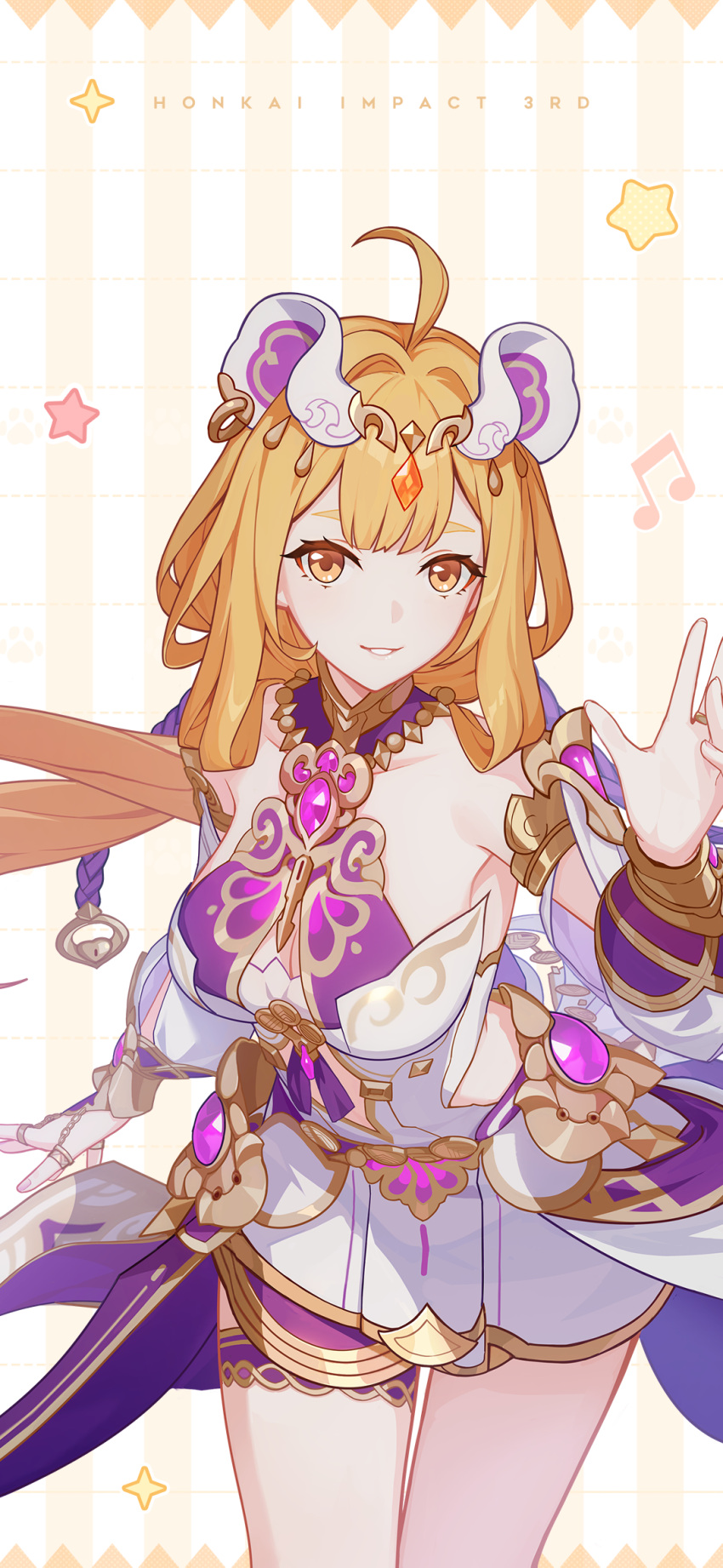 1girl ahoge arabian_clothes armpit_crease bangs bare_legs bear_hair_ornament breasts cleavage_cutout clothing_cutout english_text eyebrows_hidden_by_hair hair_ornament highres honkai_(series) honkai_impact_3rd jewelry large_breasts long_hair looking_to_the_side musical_note official_art official_wallpaper orange_eyes orange_hair ring simple_background smile solo star_(symbol) susannah_(honkai_impact) upper_body waving