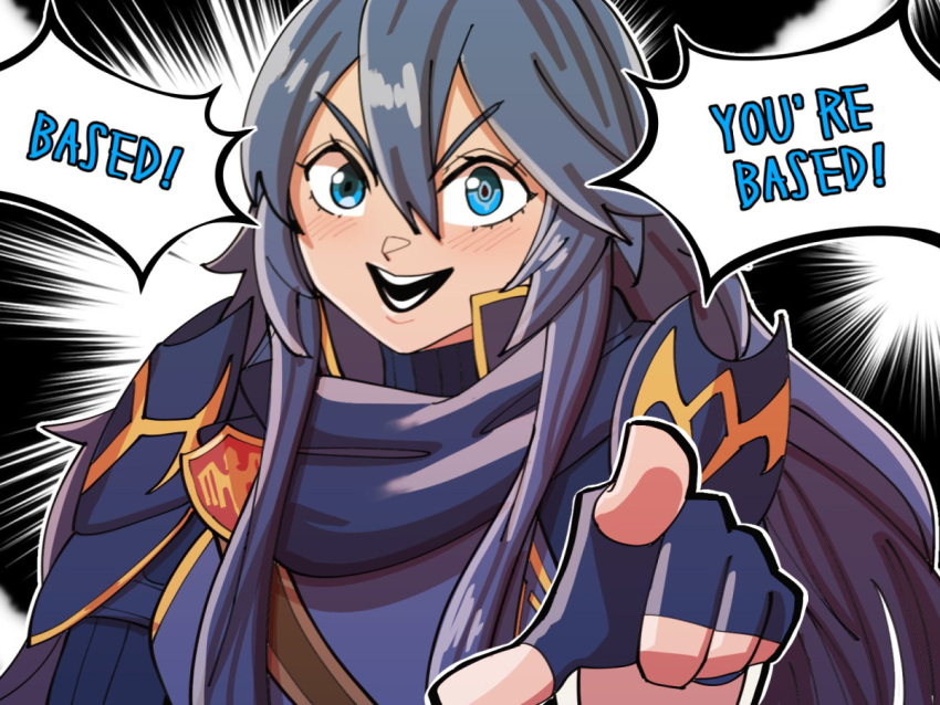 1girl :d armor bangs based_(meme) blue_armor blue_eyes blue_gloves blue_hair blue_scarf dark_blue_hair english_commentary english_text fingerless_gloves fire_emblem fire_emblem_awakening gloves hair_between_eyes high_collar long_hair looking_at_viewer lucina_(fire_emblem) meme mnejing30 open_mouth pointing pointing_at_viewer scarf smile solo speech_bubble teeth turtleneck v-shaped_eyebrows