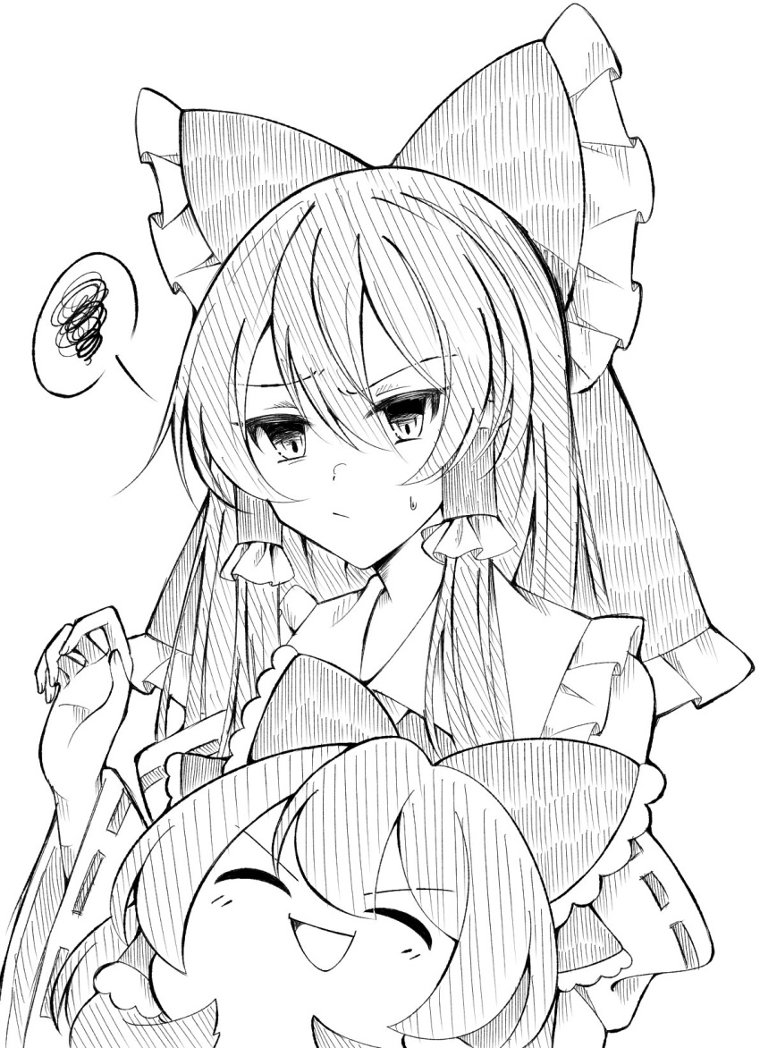 2girls :/ annoyed bangs bow closed_mouth commentary_request detached_sleeves dual_persona frilled_bow frills hair_bow hair_tubes hakurei_reimu highres long_hair mikan_763 monochrome multiple_girls open_mouth raised_eyebrows simple_background sketch smile spoken_squiggle squiggle sweatdrop touhou upper_body white_background wide_sleeves yukkuri_shiteitte_ne