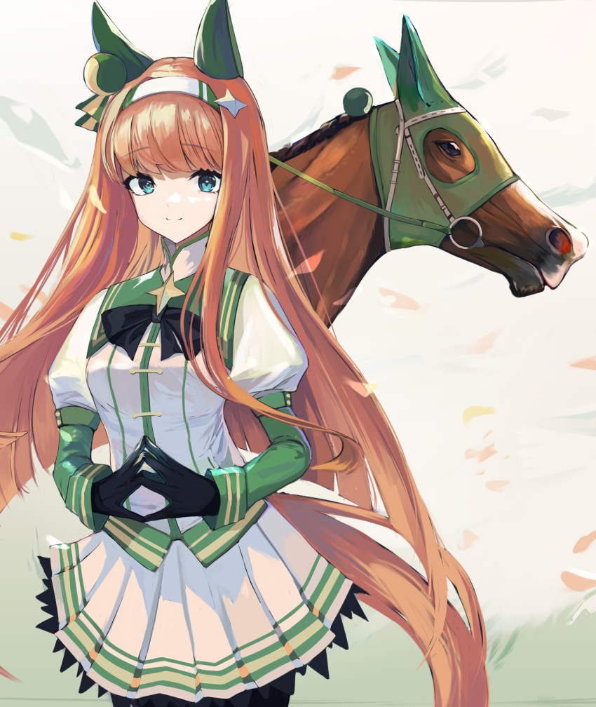 1girl 1other animal_ears aqa aqua_eyes black_gloves black_pantyhose cowboy_shot creature_and_personification ear_covers frilled_skirt frills gloves hair_ornament hairband highres hime_cut horse horse_ears horse_girl horse_tail long_hair looking_at_viewer orange_hair pantyhose pleated_skirt puffy_sleeves silence_suzuka_(racehorse) silence_suzuka_(umamusume) skirt smile tail umamusume white_hairband white_skirt