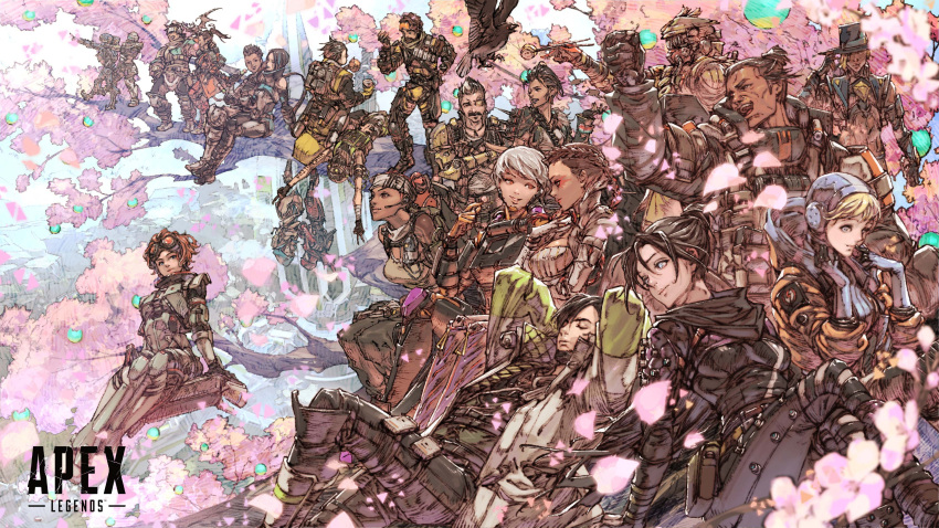 1other 6+boys 6+girls absurdres ambiguous_gender android animification apex_legends arm_tattoo armor ash_(titanfall_2) bandana bangalore_(apex_legends) bat_(animal) bird black_bodysuit black_eyes black_hair black_headwear black_pants black_shirt blonde_hair bloodhound_(apex_legends) blue_bodysuit blue_eyes blue_hair bodysuit braid breastplate breasts broken_moon_(apex_legends) brown_eyes brown_hair cable catalyst_(apex_legends) caustic_(apex_legends) cherry_blossoms chopsticks closed_eyes clothing_cutout copyright_name crossed_arms crow crypto_(apex_legends) dango dark-skinned_female dark-skinned_male dark_skin double_bun dreadlocks earpiece echo_(apex_legends) everyone eyepatch eyeshadow facial_hair food fuse_(apex_legends) gibraltar_(apex_legends) gloves goggles goggles_on_head green_vest grey_gloves grey_hair grey_hairband grey_shirt hair_behind_ear hair_bun hairband hazmat_suit helmet highres holding holding_chopsticks hood hood_down hood_up hooded_bodysuit hooded_jacket horizon_(apex_legends) humanoid_robot in-universe_location jacket jumpsuit kazama_raita leaning_back lifeline_(apex_legends) loba_(apex_legends) logo long_hair looking_at_viewer looking_to_the_side mad_maggie_(apex_legends) makeup mask mechanical_arms medium_breasts mirage_(apex_legends) mouth_mask multicolored_hair multiple_boys multiple_girls mustache newcastle_(apex_legends) octane_(apex_legends) official_art omelet one_eye_covered open_hand orange_bodysuit orange_eyes orange_jacket orange_jumpsuit pants pathfinder_(apex_legends) petals rampart_(apex_legends) rebreather red_bandana red_eyes red_eyeshadow redhead revenant_(apex_legends) ribbed_bodysuit robot seer_(apex_legends) shirt short_hair shoulder_cutout simulacrum_(titanfall) single_hair_bun single_mechanical_arm sitting sleeveless sleeveless_jacket smile soul_patch spacesuit strapless strapless_shirt streaked_hair surprised tamagoyaki tattoo tree twin_braids upside-down valkyrie_(apex_legends) vantage_(apex_legends) vest wagashi wattson_(apex_legends) white_jacket white_shirt wraith_(apex_legends) yellow_bodysuit