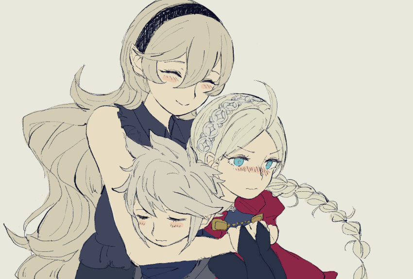 1boy 2girls ahoge bangs black_hairband blue_eyes blush braid buttons corrin_(female)_(fire_emblem) corrin_(fire_emblem) fire_emblem fire_emblem_fates hairband hug kana_(fire_emblem) kana_(male)_(fire_emblem) kiri_(tsuwano_010) low_twin_braids mother_and_child multiple_girls nina_(fire_emblem) parted_bangs twin_braids white_hair white_hairband