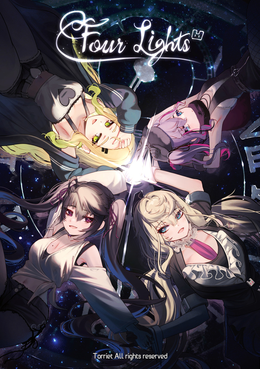 1girl 4girls artist_name black_hair blonde_hair blue_eyes character_request clothing_request english_text gloves green_eyes hair_between_eyes highres holding_hands jacket long_hair long_sleeves looking_at_viewer multiple_girls open_clothes open_jacket original pink_hair red_eyes shirt short_shorts shorts sky star_(sky) starry_sky tagme torriet white_shirt