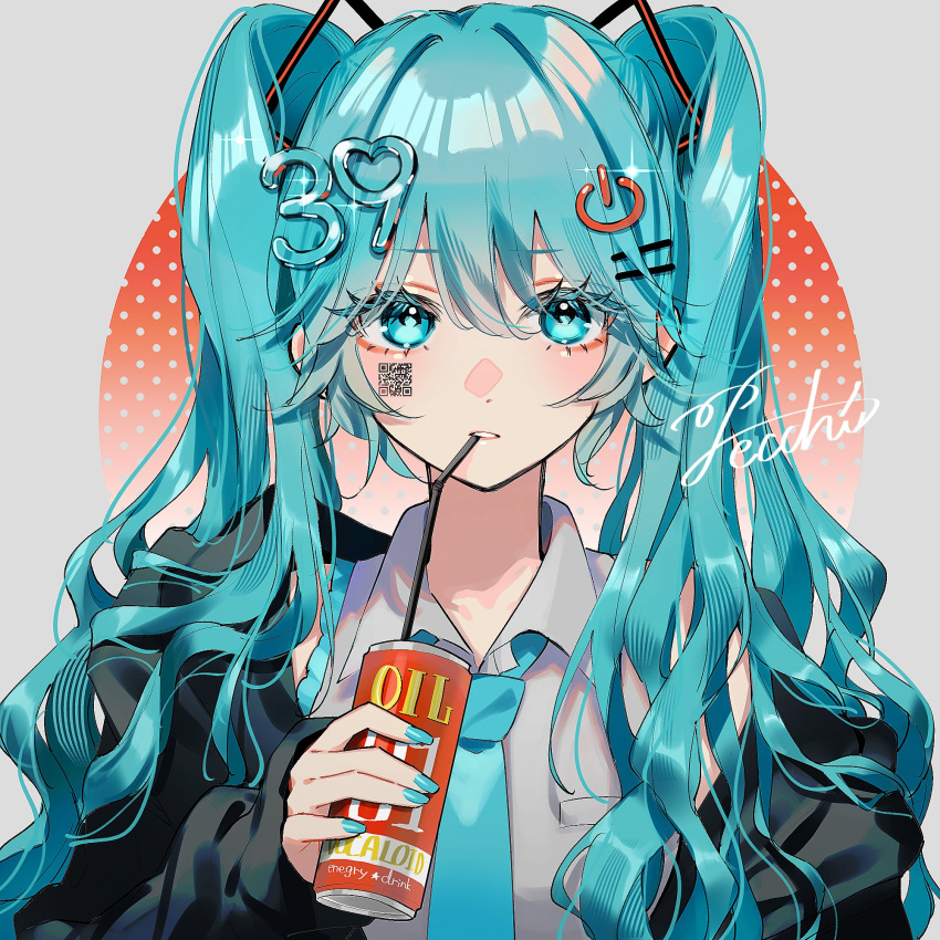 1girl 39 aqua_eyes aqua_hair aqua_nails black_jacket blue_necktie can collared_shirt colored_eyelashes drinking_straw drinking_straw_in_mouth grey_shirt hair_between_eyes hair_ornament hairpin hatsune_miku highres holding holding_can jacket long_hair looking_at_viewer miku_day necktie open_clothes open_jacket pecchii polka_dot polka_dot_background power_symbol qr_code shirt signature sleeveless sleeveless_shirt solo twintails very_long_hair vocaloid