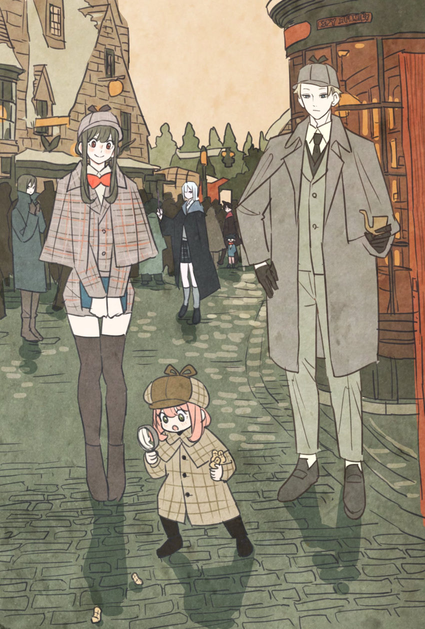 3boys 4girls anya_(spy_x_family) bangs black_footwear black_hair black_thighhighs blonde_hair bow bowtie brick_road collared_shirt cosplay crowd deerstalker edogawa_conan female_child full_body grey_hair grey_jacket hair_between_eyes hand_on_hip hat highres holding holding_magnifying_glass holding_smoking_pipe jacket magnifying_glass male_child medium_hair meitantei_conan mouri_ran multiple_boys multiple_girls necktie open_mouth outdoors parted_bangs peanuts pink_hair red_bow red_bowtie sherlock_holmes sherlock_holmes_(cosplay) shirt short_hair sidelocks smile smoking_pipe spy_x_family takeuchi_ryousuke thigh-highs twilight_(spy_x_family) v_arms yor_briar yuri_briar