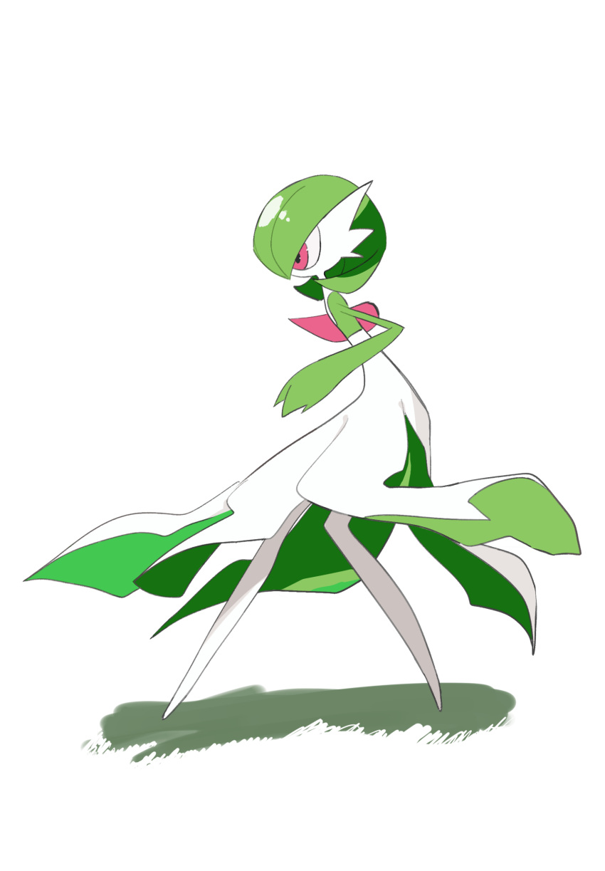 1girl bangs bob_cut colored_skin commentary flat_chest from_side full_body gardevoir grass green_hair green_skin hand_up highres legs multicolored_skin pokemon pokemon_(creature) profile red_eyes short_hair simple_background solo standing takashi_(pixiv_80298118) two-tone_skin white_background white_skin