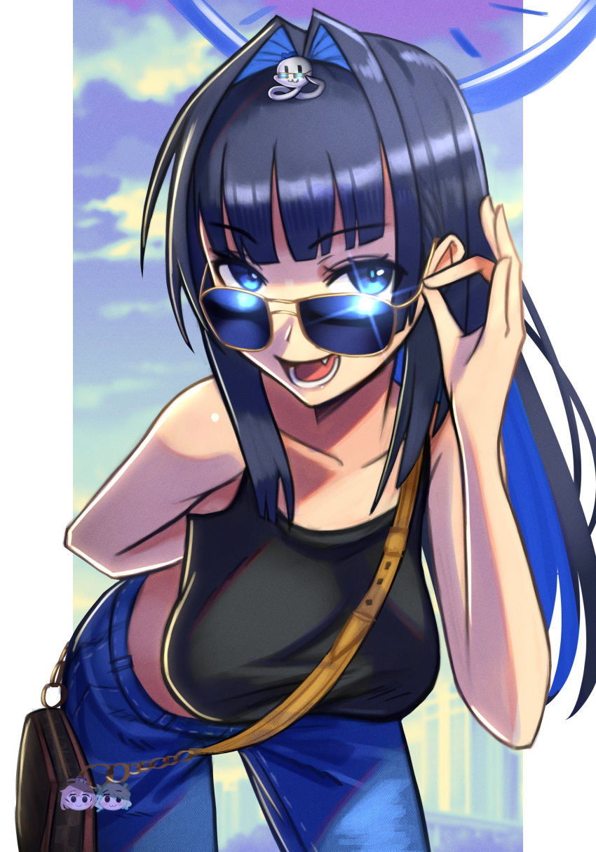 1girl absurdres adjusting_eyewear arm_behind_back bag bangs black_tank_top blue_eyes blue_hair blunt_bangs boros_(ouro_kronii) breasts ceres_fauna collarbone colored_inner_hair denim fang halo handbag highres hololive hololive_english jeans leaning_forward looking_at_viewer medium_breasts multicolored_hair nanashi_mumei official_alternate_hairstyle open_mouth ouro_kronii pants round_teeth silverchariotx smile sunglasses tank_top teeth virtual_youtuber