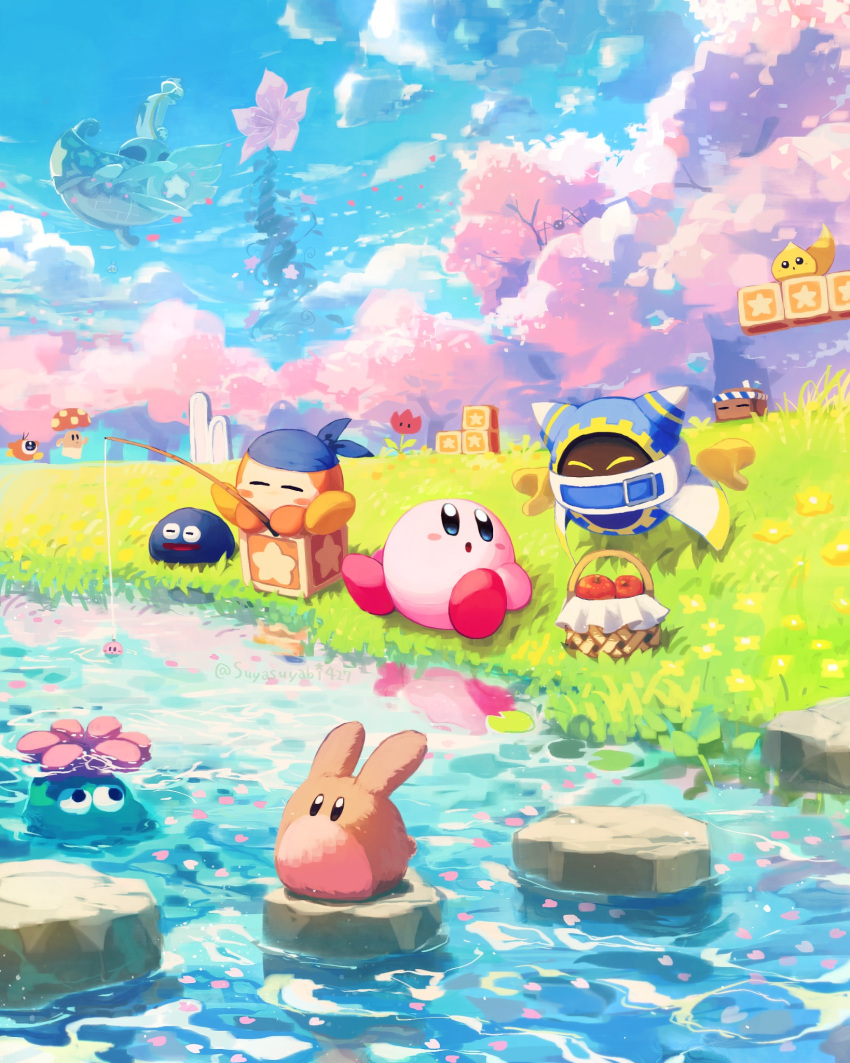 :o ^_^ apple artist_name bandana bandana_waddle_dee basket blue_bandana blue_eyes blue_sky blush blush_stickers cappy_(kirby) cherry_blossoms chip_(kirby) closed_eyes clouds day fishing fishing_rod flower food forest fruit glunk_(kirby) gooey_(kirby) grass highres holding holding_fishing_rod kirby kirby's_return_to_dream_land kirby's_return_to_dream_land_deluxe kirby_(series) lily_pad looking_back lor_starcutter magolor mariel_(kirby) nature no_humans open_mouth outdoors pink_flower plant polof rabbit red_flower rock rocky_(kirby) scenery ship sitting sky star_(symbol) star_block stepping_stones suyasuyabi tree tulip_(kirby) twitter_username waddle_doo water watercraft yellow_flower