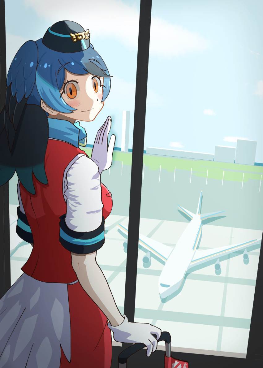 1girl absurdres aircraft airplane airport bird_girl bird_wings black_hair blue_hair blue_headwear blue_scarf blush commentary_request garrison_cap gloves hat head_wings highres kemono_friends long_hair looking_at_viewer multicolored_hair ookii_yama orange_eyes passenger_pigeon_(kemono_friends) pencil_skirt red_skirt red_vest scarf shirt short_sleeves skirt smile solo t-shirt vest white_gloves white_shirt wings