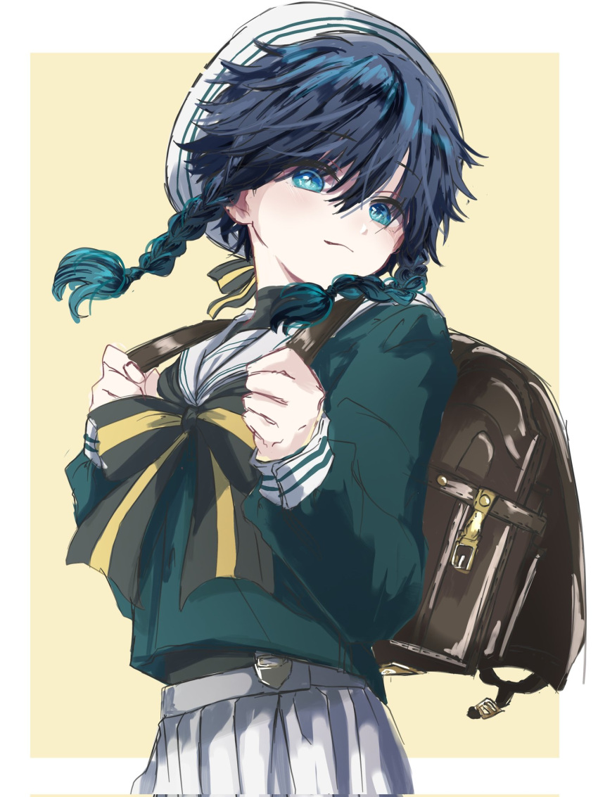 1boy androgynous aqua_eyes aqua_hair backpack bag black_hair brown_bag closed_mouth fgss2089 genshin_impact green_jacket hat highres jacket long_sleeves looking_at_viewer male_focus sailor_collar sailor_hat short_hair shorts smile solo venti_(genshin_impact) white_headwear white_sailor_collar white_shorts