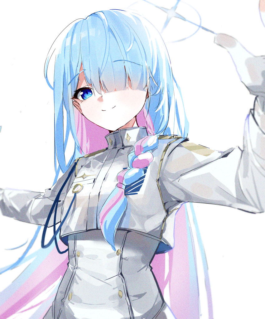1girl absurdly_long_hair absurdres aqua_eyes aqua_hair bangs blue_archive braid colored_inner_hair commentary_request dress general_student_council_president_(blue_archive) gloves hair_over_one_eye halo highres long_hair long_sleeves looking_at_viewer multicolored_hair outstretched_arms side_braid sidelocks simple_background single_braid solo spread_arms sstthei turtleneck very_long_hair white_background white_dress white_gloves
