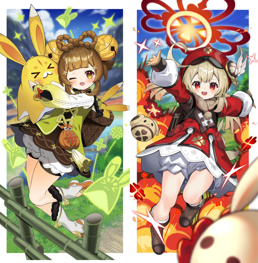 &gt;_&lt; 2girls 3others ahoge animal animal_ears arms_up bag bamboo bamboo_fence bangs basket bell beret blonde_hair bloomers blue_sky blunt_bangs blurry blurry_background blush boots border bow bow-shaped_hair branch brown_bag brown_dress brown_eyes brown_flower brown_footwear brown_gloves brown_hair brown_jacket brown_scarf bush closed_eyes closed_mouth clouds cloudy_sky day dodoco_(genshin_impact) dress explosion feathers fence fire floral_print flower flying fur-trimmed_footwear fur_trim genshin_impact gloves grass green_flower green_vest grey_eyes grey_shorts hair_bell hair_between_eyes hair_flower hair_ornament hands_up hat hat_feather hat_ornament heart highres hug jacket jumpy_dumpty klee_(genshin_impact) leaf leg_up long_sleeves looking_at_viewer looking_to_the_side mountain multicolored_clothes multicolored_jacket multiple_girls multiple_others one_eye_closed open_mouth orange_bow orange_footwear outdoors outside_border pocket pointy_ears pom_pom_(clothes) puffy_long_sleeves puffy_sleeves rabbit rabbit_ears red_bow red_eyes red_flower red_headwear red_jacket river scarf shirt short_hair short_twintails shorts sidelocks sky smile socks standing standing_on_one_leg star_(symbol) tassel teeth tongue tree twintails two-tone_footwear two-tone_fur two-tone_jacket underwear vest vision_(genshin_impact) water white_border white_dress white_footwear white_fur white_shirt white_socks yaoyao_(genshin_impact) yellow_bow yellow_flower yellow_fur yuegui_(genshin_impact) yuujin_(yuzinn333)