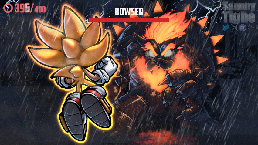 2boys absurdres animal_ears armlet artist_name aura battle blonde_hair bowser bracelet breathing_fire claws collar crossover fake_screenshot fangs fiery_hair fighting fire furry furry_male fury_bowser gameplay_mechanics giant gloves glowing glowing_eyes glowing_hair heads-up_display health_bar hedgehog hedgehog_ears hedgehog_tail highres horns jewelry kaijuu lightning multiple_boys open_mouth rain red_footwear redhead sammytighe shoes sonic_(series) sonic_adventure sonic_adventure_2 sonic_frontiers sonic_rush sonic_the_hedgehog sonic_x spiked_armlet spiked_bracelet spiked_collar spiked_shell spikes storm storm_cloud super_mario_3d_world super_mario_bros. super_sonic tail white_gloves yellow_fur