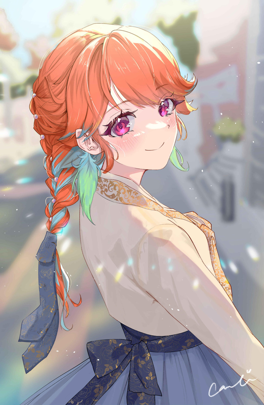 1girl absurdres alternate_costume bow braid earrings elderflower feather_earrings feathers from_behind green_hair hanbok highres hololive hololive_english jewelry korean_clothes looking_at_viewer looking_back multicolored_hair orange_hair signature smile solo streaked_hair takanashi_kiara violet_eyes virtual_youtuber